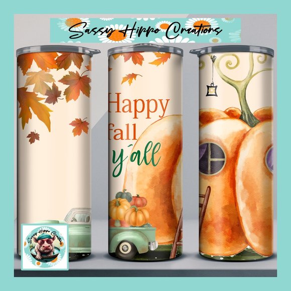 Skinny Tumbler Happy Fall Y'all Autumn Leaves Pumpkin Truck Stainless-Steel 20oz - Picture 1 of 7